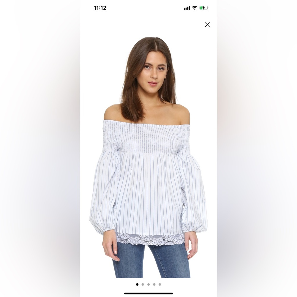 MLM Made For You Womens XS White Blue Stripe Off Shoulder Balloon Sleeve Blouse